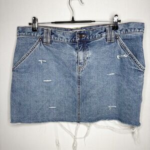 Y2K Old Navy Blue Jeans Low Waist Denim Mini Skirt Distressed Raw Hem Size 14
